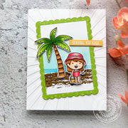 Sunny Studio Stamps Beach Themed Girl with Sand Bucket Card featuring realistic sand texture