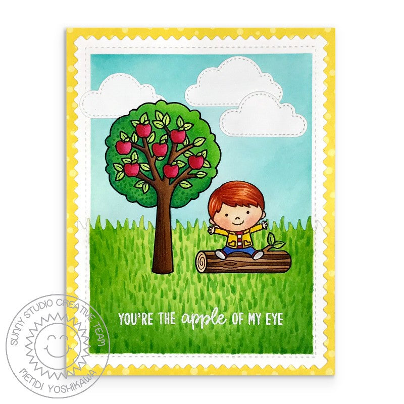 Sunny Studio Stamps Seasonal Trees You're The Apple of My Eye Boy Sitting On Tree Log Under Apple Tree Handmade Card