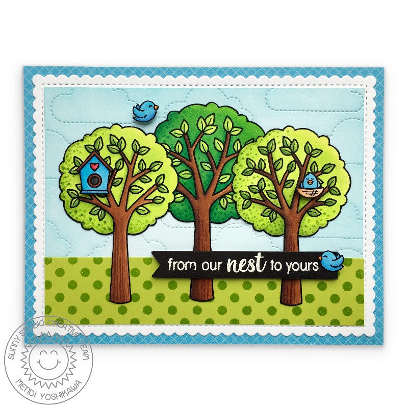 Sunny Studio Stamps Birdhouse with Trees Card (using Fluffy Clouds Metal Dies to create stitched background)