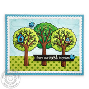 Sunny Studio Stamps From Our Nest To Yours Birds & Trees in Park Card with stitched scalloped edge (using Frilly Frames Stripes Die)