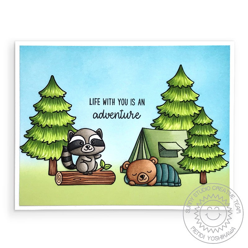 Sunny Studio Stamps Critter Camping "Life Is An Adventure" Card (using Fir Trees from Seasonal Trees Stamp set)