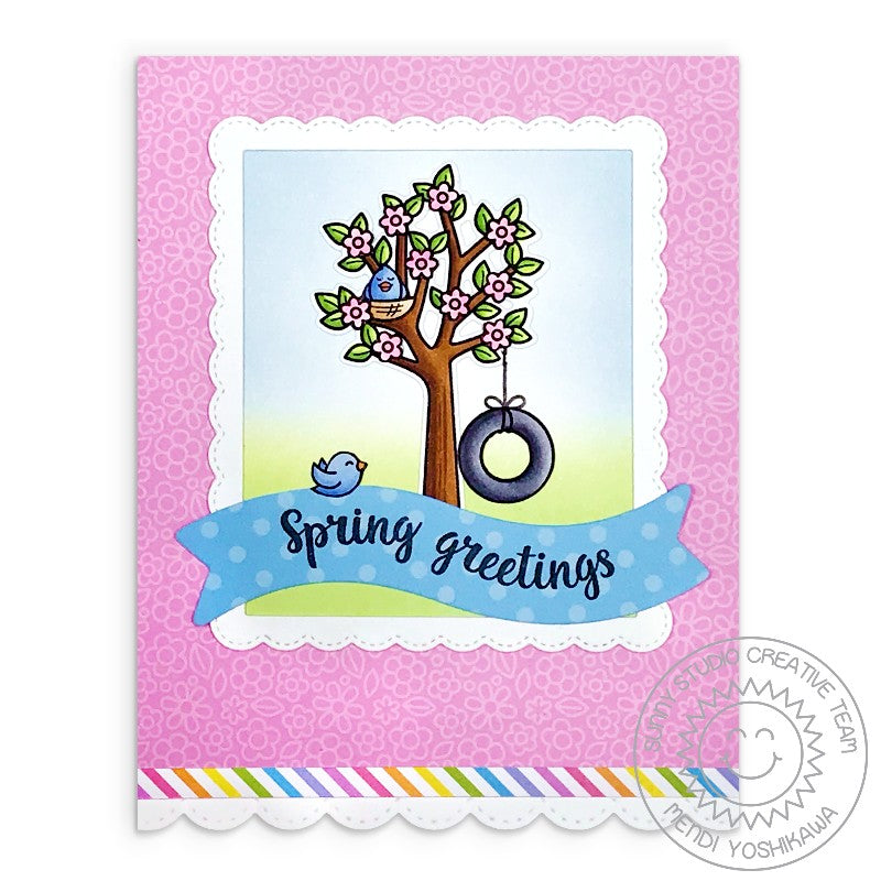 Sunny Studio Stamps Seasonal Trees Spring Greetings Cherry Blossoms Tree Swing with Bird Nest Handmade Card 