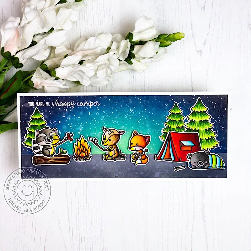 Sunny Studio Stamps Elongated Camping Themed Summer Card (using Critter Campout & Seasonal Trees Fir Tree Stamps)