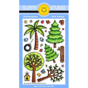 Sunny Studio Stamps Seasonal Trees 4x6 Clear Photopolymer Stamp Set featuring Palm Tree, Fir Tree, Spring Tree & Log