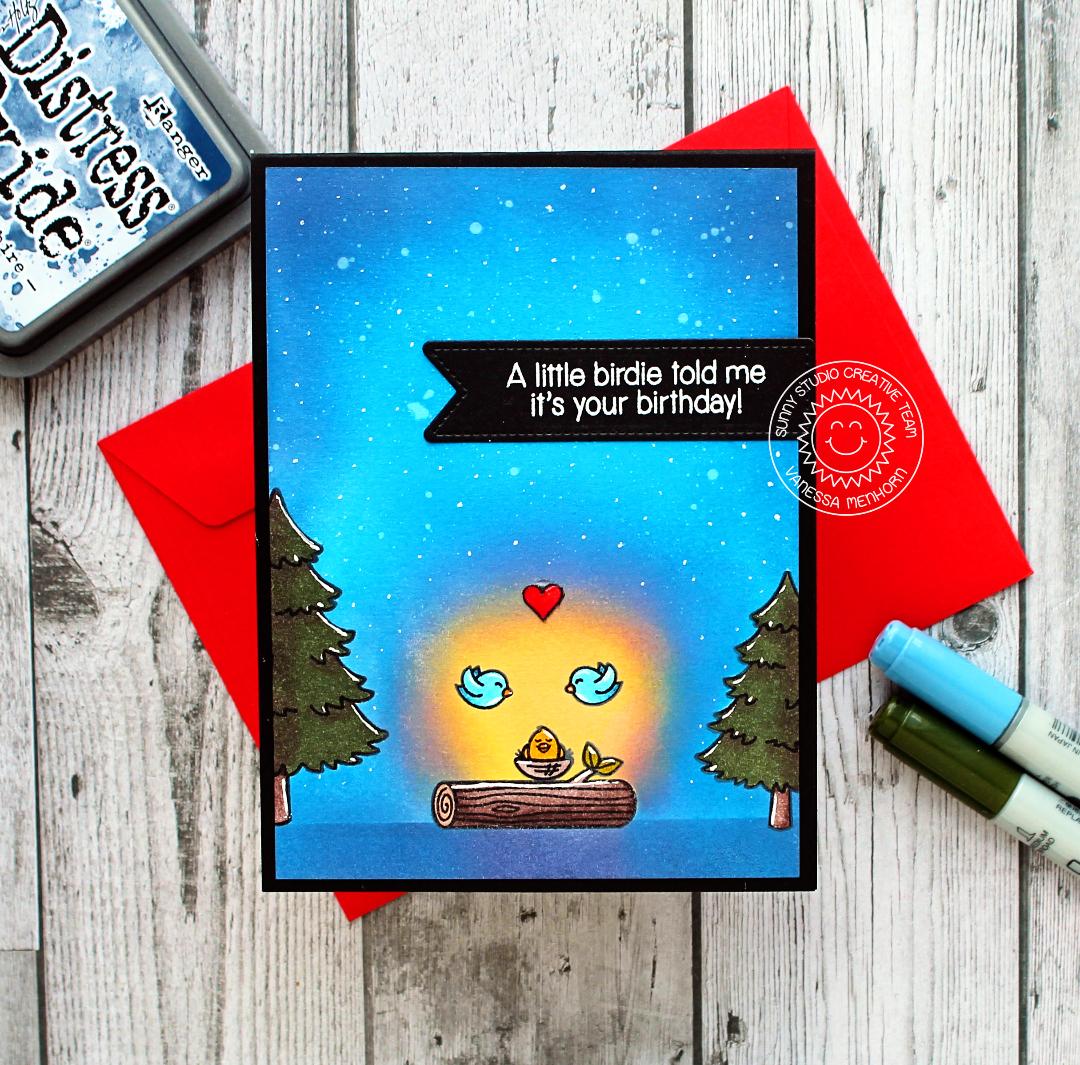 Sunny Studio A Little Birdie Told Me It's Your Birthday Glowing Night's Sky Card using Fir Tree from Seasonal Trees Stamps