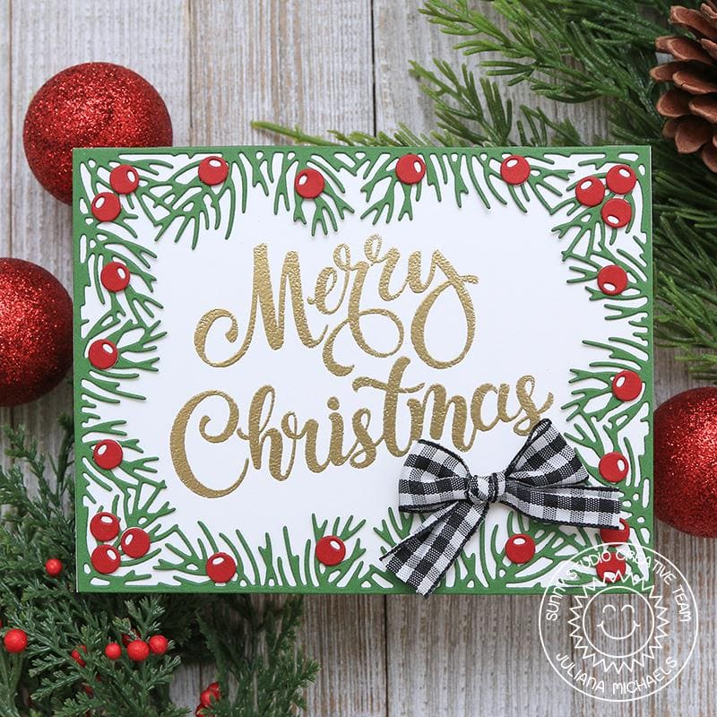 Sunny Studio Stamps Red Berries, tree branches, and black & white gingham bow Holiday Card using Christmas Garland Frame Dies