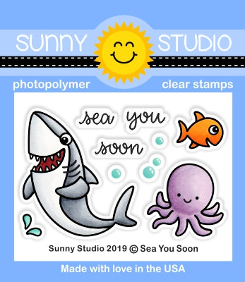 Sunny Studio Stamps Sea You Soon Shark, Octopus, Fish & Bubbles 2x3 Clear Photopolymer Stamp Set