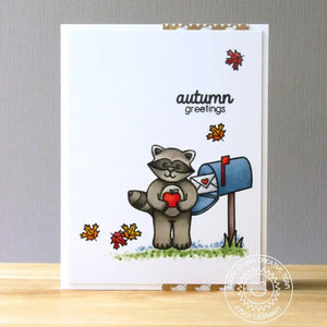 Sunny Studio Autumn Greetings Raccoon with Mailbox Fall Card (using Sending My Love 4x6 Clear Stamps)