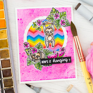 Sunny Studio Stamps Silly Sloths "How's It Hanging?" Hot Pink & Rainbow Chevron Card by Mona Toth