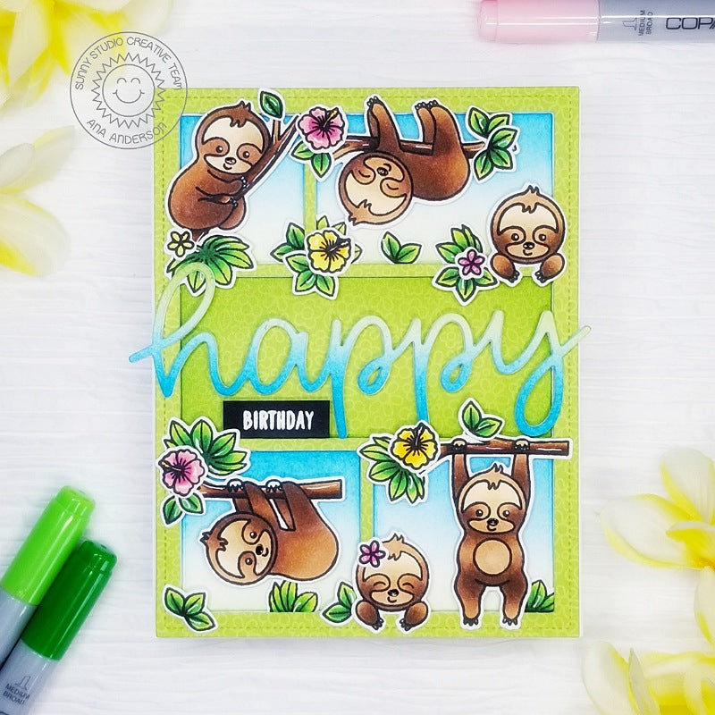 Sunny Studio Happy Birthday Sloths Hanging From Trees Summer Themed Handmade DIY Greeting Card (using Large Over-sized Happy Word Script Metal Cutting Die)