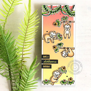 Sunny Studio Have A Slothsome Birthday Sloths Hanging From Trees Slimline Handmade DIY Greeting Card (using Silly Sloths 4x6 Clear Photopolymer Stamp Set)