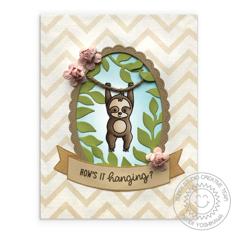 Sunny Studio Stamps Silly Sloths How's It Hanging? Sloth Hanging by Rope Jungle Card by Mendi Yoshikawa