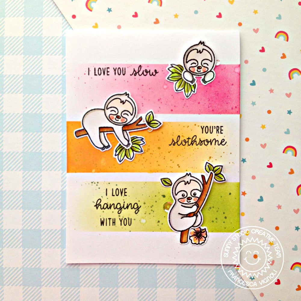 Sunny Studio Stamps Silly Sloths Pink, Orange & Green Colorblock Summer Card by Franci