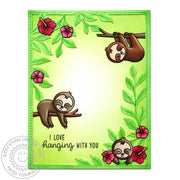 Sunny Studio Stamps Silly Sloths Red Hibiscus Jungle Card by Mendi Yoshikawa (using Botanical Backdrop die)
