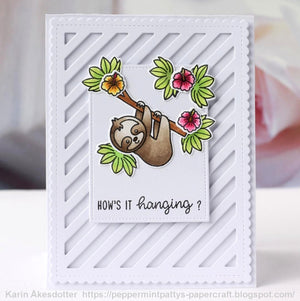 Sunny Studio Stamps How's It Hanging White Striped Sloth Card (using Frilly Frames Stripes Striped Background Metal Cutting Dies)