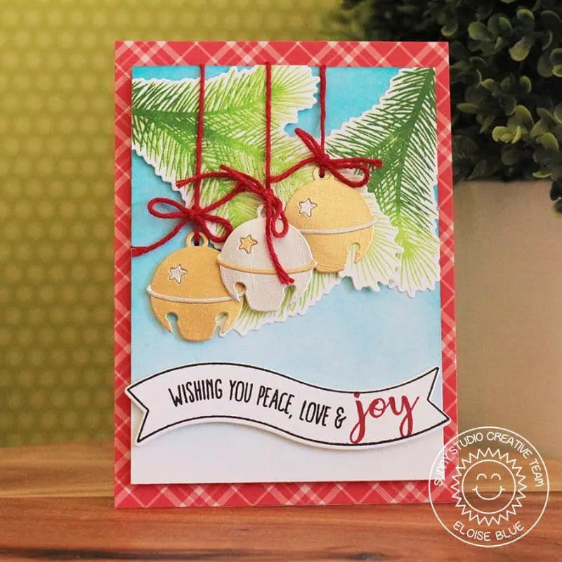 Sunny Studio Stamps Wishing You Peace, Love & Joy Silver Bells Gold Jingle Bell Joy Holiday Christmas Card by Eloise Blue