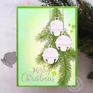 Sunny Studio Stamps Merry Christmas White & Green Glitter Hanging Jingle Bells Holiday Card (using Silver Bells Metal Cutting Die)