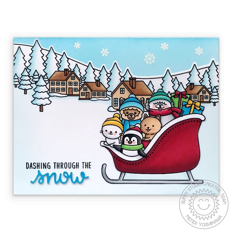 Sunny Studio Dashing Through The Snow Critters in Santa's Sleigh Holiday Christmas Card using Winter Scenes Clear Stamps