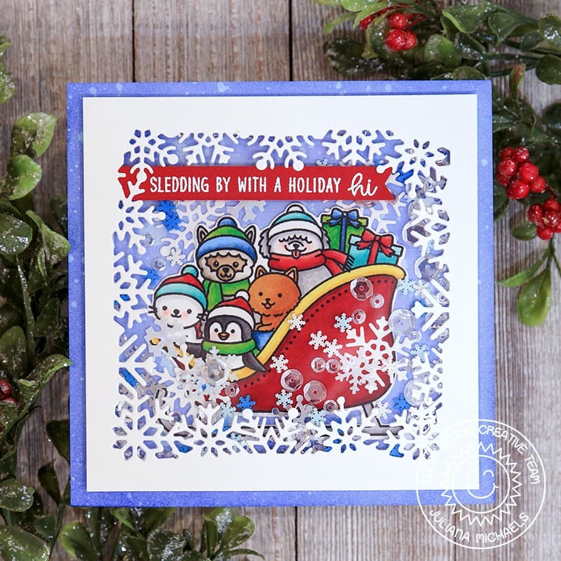 Sunny Studio Stamps Sledding by with A holiday Hi Critters in Sleigh Shaker Card (using Layered Snowflake Frame Dies)