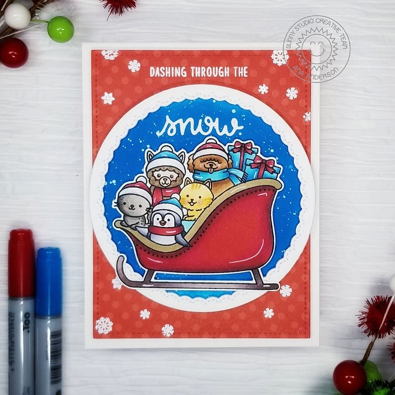Sunny Studio "Dashing Through The Snow" Animals in Sleigh Holiday Christmas Card using Sledding Critters 3x4 Clear Stamps