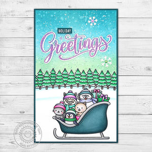 Sunny Studio Holiday Greetings Lavender & Teal Sledding Critters in Sleigh Christmas Card using Winter Scenes Clear Stamps