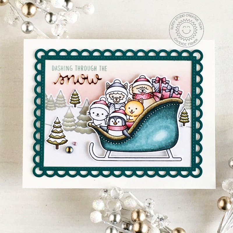 Sunny Studio Dashing Through the Snow Animals In Sleigh Winter Holiday Christmas Card using Sledding Critters Clear Stamps