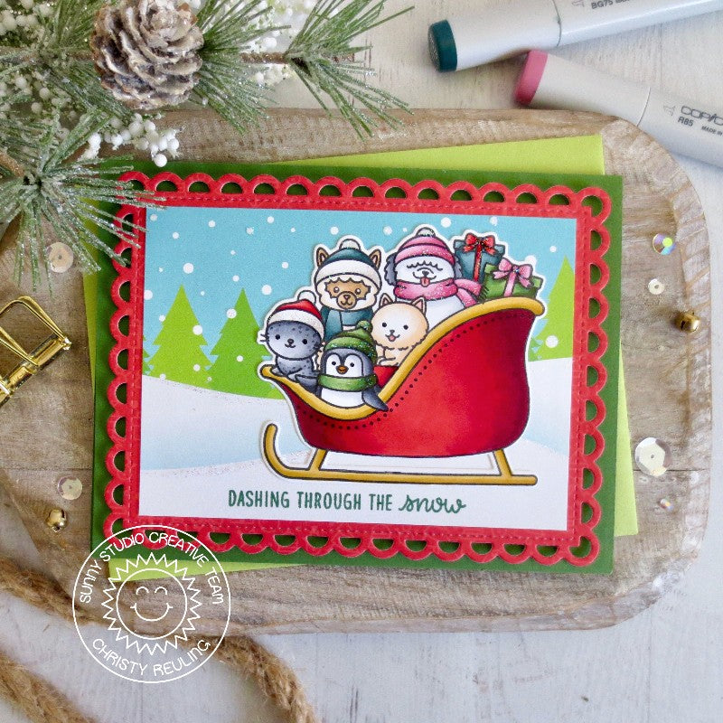 Sunny Studio Stamps Sledding Critters in Sleigh with Snowy Backdrop Handmade Christmas Holiday Card (using Very Merry 6x6 Patterned Paper Pad Pack)