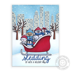 Sunny Studio Stamps Sledding By with a Holiday Hi Critters in Sled Christmas Card using City Buildings Cityscape Border Dies