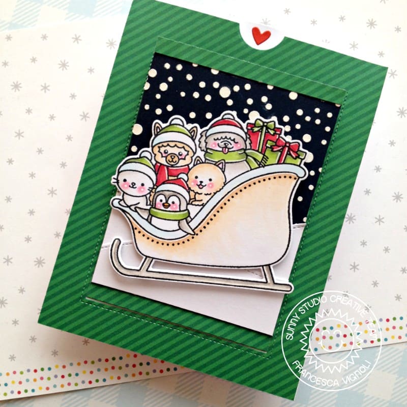 Sunny Studio Green Striped Animals in Sleigh Pop-up Handmade Holiday Christmas Card using Sledding Critters 3x4 Clear Stamps