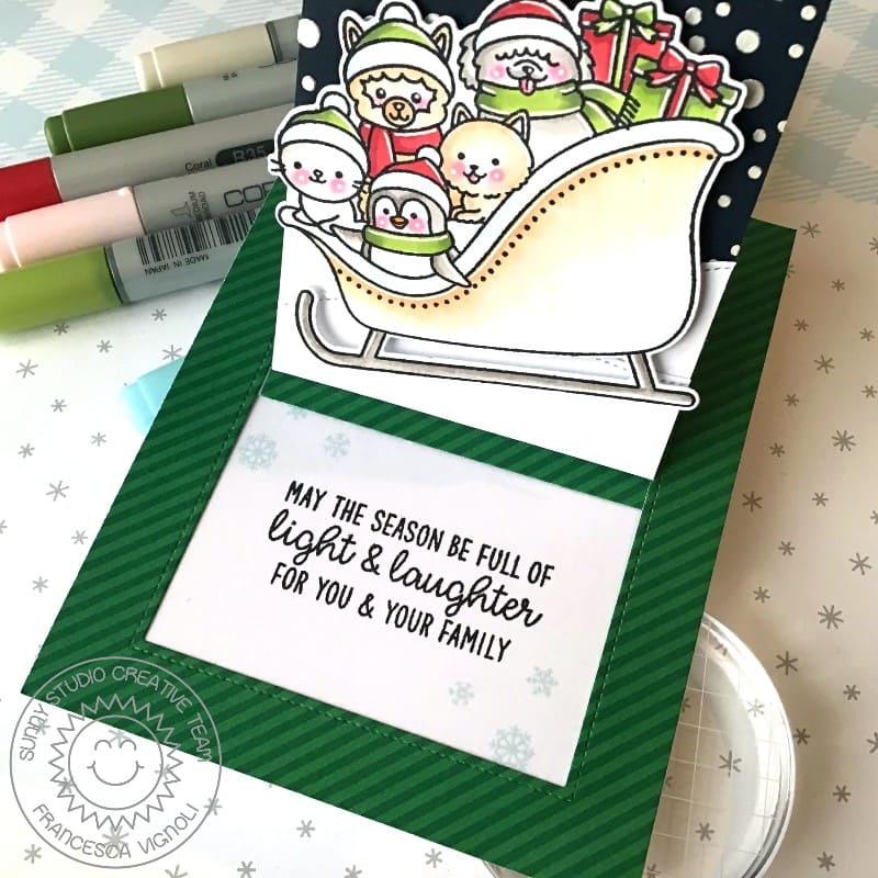 Sunny Studio May Season Be Full of Light & Laughter Pop-up Sledding Christmas Card using Inside Greetings Holiday Stamps