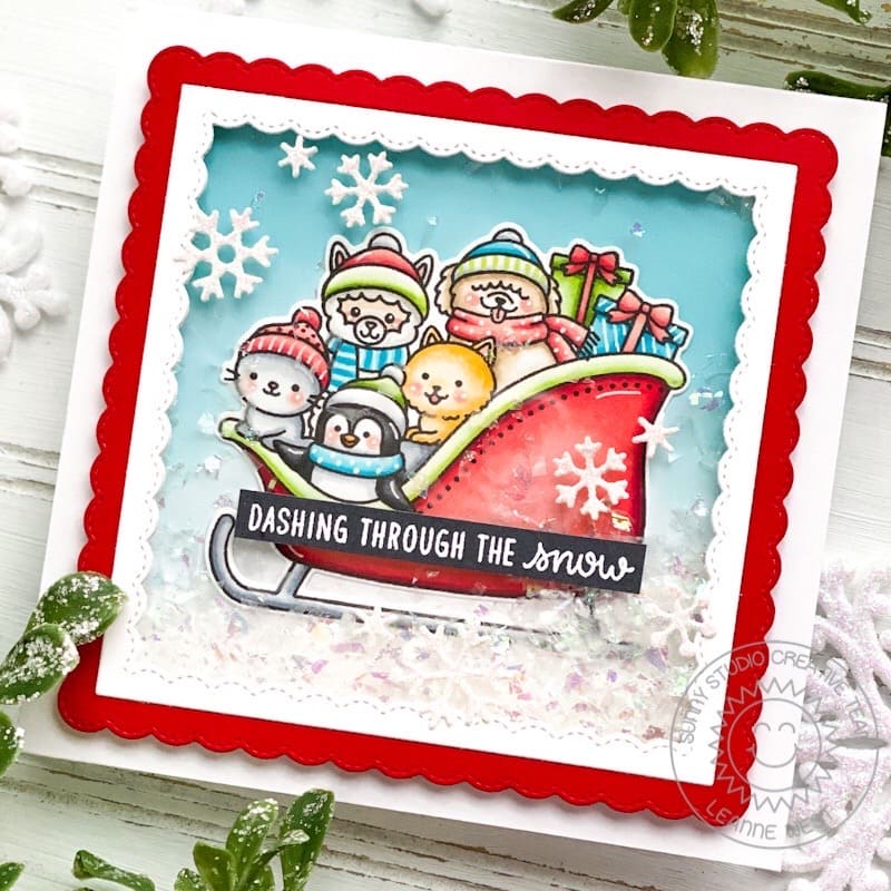 Sunny Studio Animals in Sleigh with Snowflakes Holiday Christmas Shaker Card using Sledding Critters Clear Photopolymer Stamp