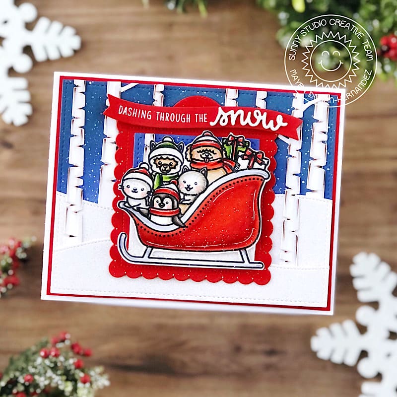 Sunny Studio Stamps Dashing Through The Snow Animals in Sleigh With Birch Trees Holiday using Sledding Critters Clear Stamps