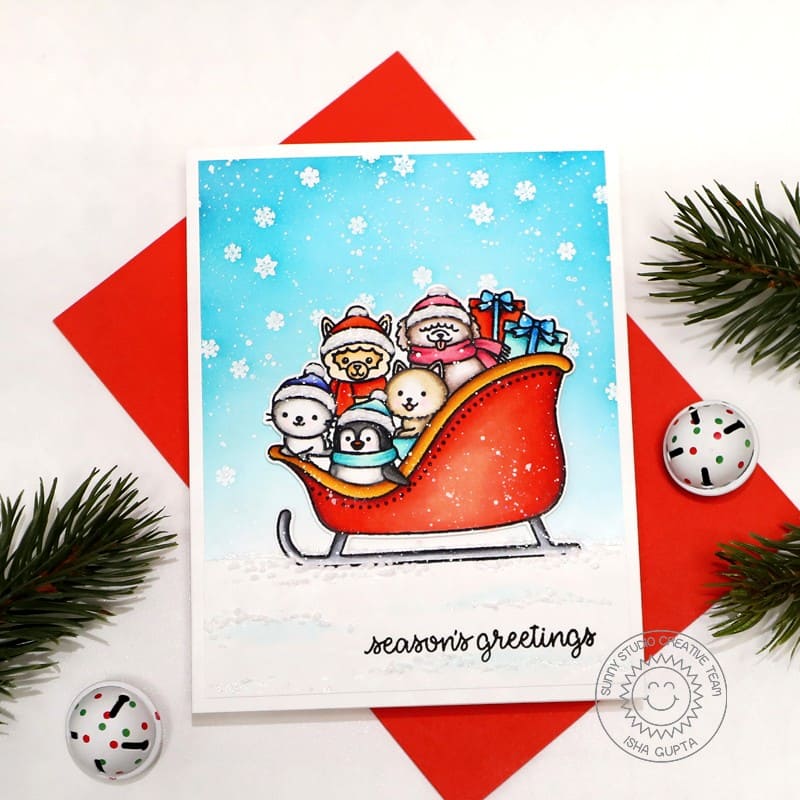 Sunny Studio Animals in Sleigh Season's Greetings Snowy Holiday Christmas Card using Sledding Critters 3x4 Clear Stamps