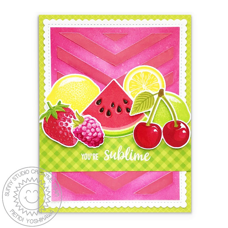 Sunny Studio Slice of Summer Fruit Themed You're Sublime Card (using Frilly Frames Chevron Background Metal Cutting Dies)
