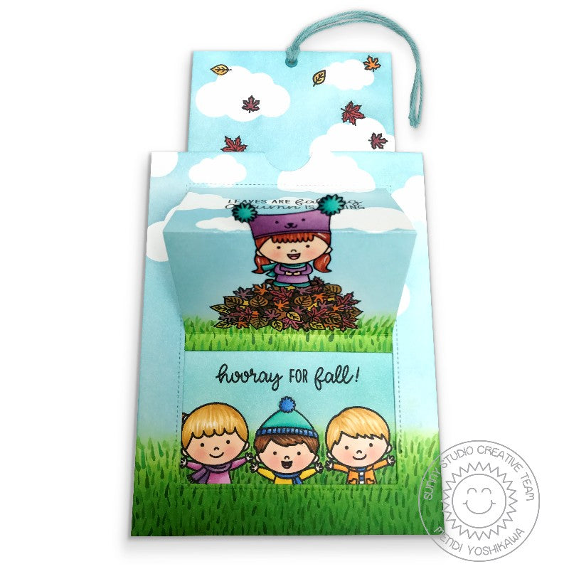 Sunny Studio Stamps Fall Kiddos Kids with Pile of Leaves Autumn Pop-up Card