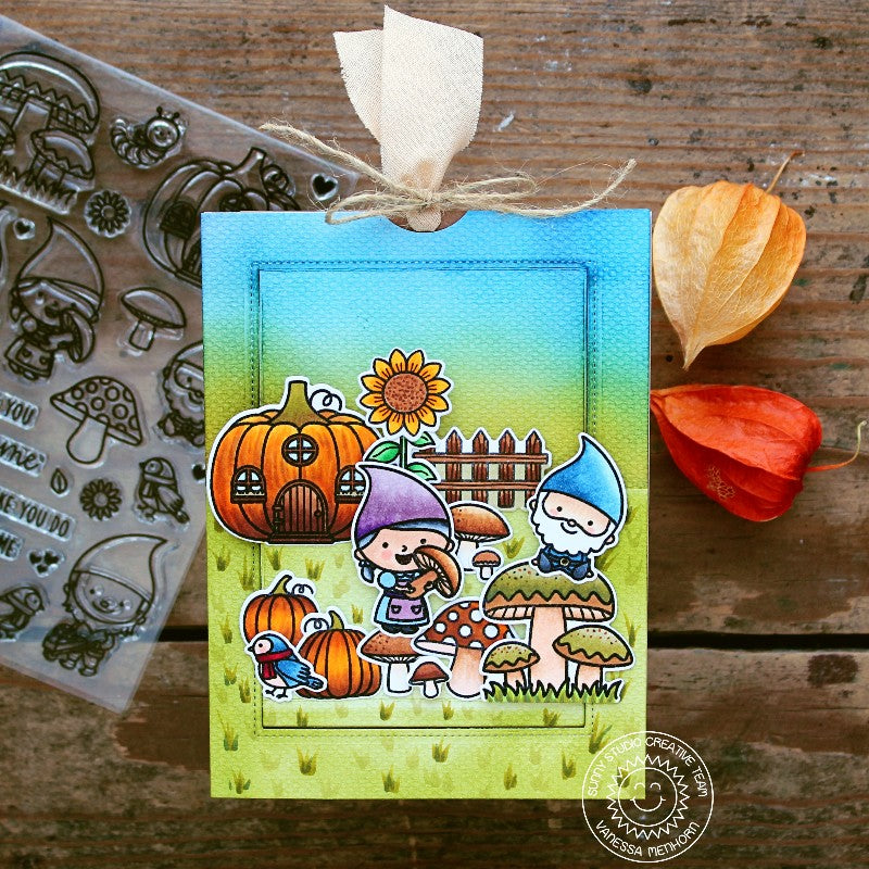 Sunny Studio Stamps Fall Gnome Scene Pop-up Card by Vanessa Menhorn featuring Sliding Window Metal Cutting Dies