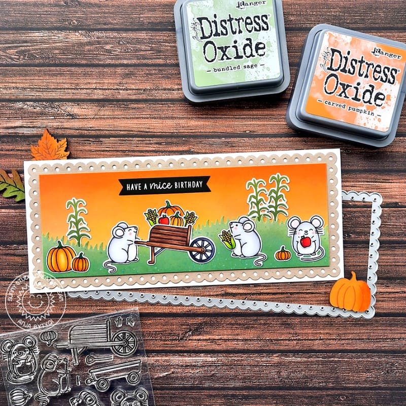 Sunny Studio Stamps Punny Mouse Fall Mice Birthday Card with curved grass using Slimline Nature Border Metal Cutting Dies