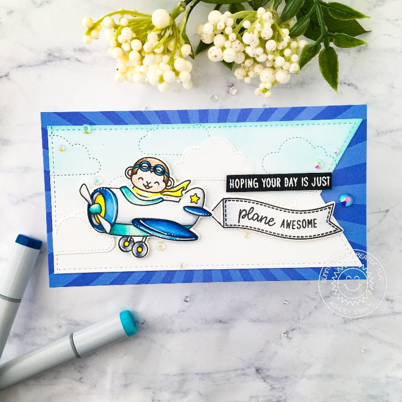 Sunny Studio Stamps Hoping Your Day Is Just Plane Awesome Monkey in Airplane Card using Slimline Pennant Metal Cutting Dies