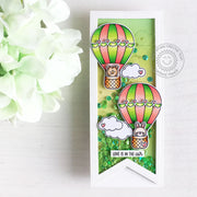 Sunny Studio Pink & Green Hot Air Balloon Slimline Shaker Pennant Shaped Handmade Card using Balloon Rides 4x6 Clear Stamps