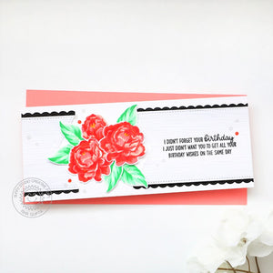 Sunny Studio Stamps Camellias Layered Flower Belated Birthday Card (using Slimline Pennant Metal Cutting Dies)
