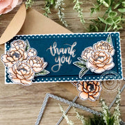 Sunny Studio Stamps Peonies Handmade Thank You Card (using Slimline Scalloped Frame Metal Cutting Dies)