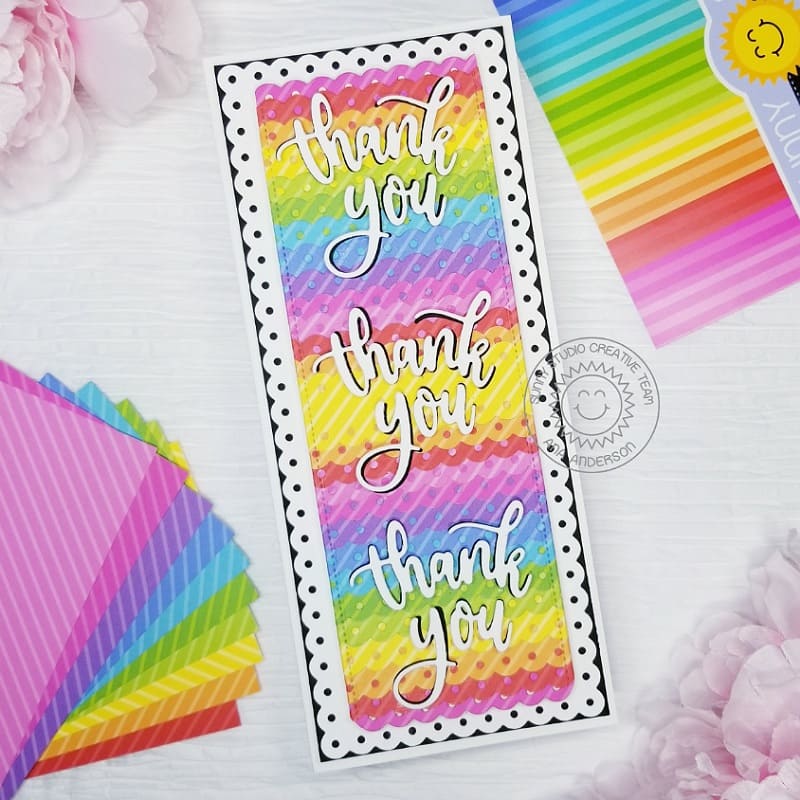 Sunny Studio Stamps Rainbow Striped Handmade Thank You Card (using Slimline Scalloped Frame Metal Cutting Dies)