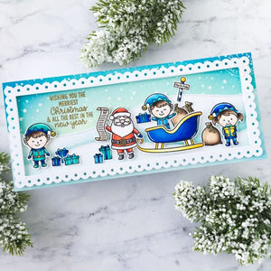 Sunny Studio Stamps Santa Claus with Elves & Sleigh Holiday Christmas Card using Slimline Scalloped Frame Metal Cutting Dies