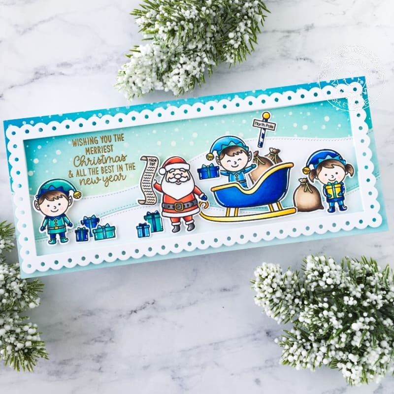 Sunny Studio Santa & Elves in Sleigh Blue & White Scalloped Slimline Holiday Christmas Card using North Pole Clear Stamps