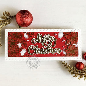 Sunny Studio Stamps Merry Christmas Red & Gold Poinsettia Slimline Holiday Card using Season's Greetings Word Cutting Dies