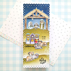 Sunny Studio Stamps Holy Night Nativity Scene Holiday Christmas Card using Slimline Scalloped Frame Metal Cutting Dies