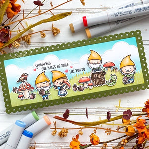 Sunny Studio Stamps Gnome One Makes Me Smile Like You Do Punny Fall Card using Slimline Scalloped Frame Metal Cutting Dies