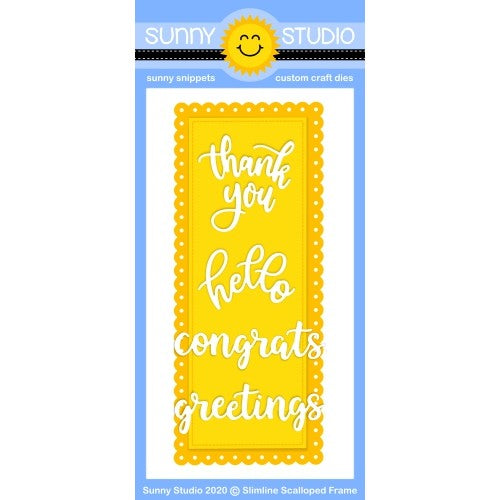 Sunny Studio Stamps Slimline Scalloped Stitched Frame Metal Cutting Dies with Hello, Thank You, Congrats & Greetings Words
