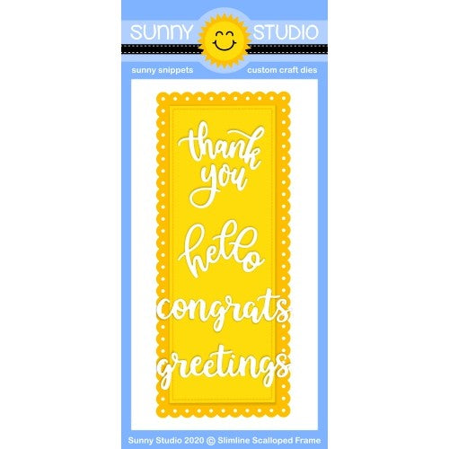 Sunny Studio Stamps Slimline Scalloped Stitched Frame Metal Cutting Dies with Hello, Thank You, Congrats & Greetings Words