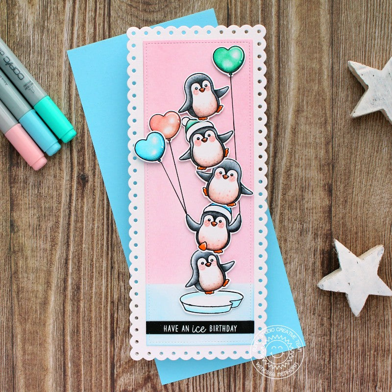 Sunny Studio Have an Ice Birthday Punny Penguin Pink & Aqua Handmade Card using Slimline Scalloped Frame Metal Cutting Dies